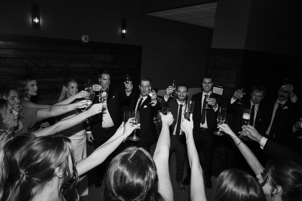 The couple and their wedding party raising glasses in a celebratory toast during their reception at Equestria West in Chaska, Minnesota.