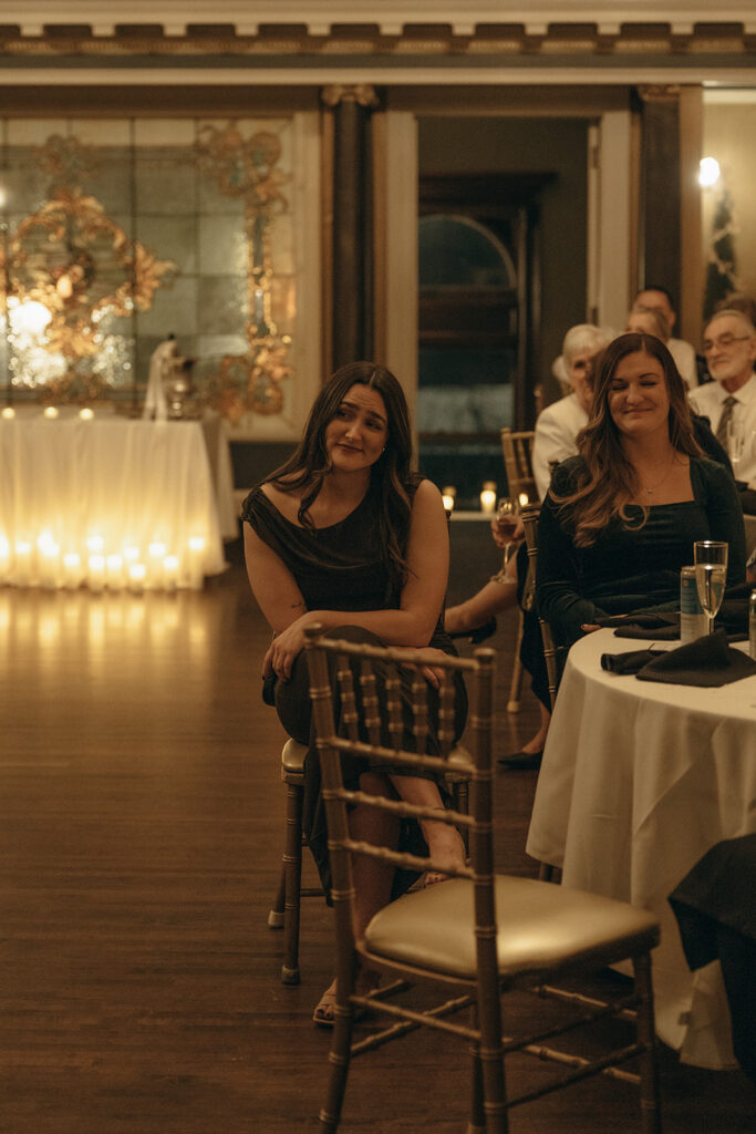 Wedding guest tears up during speeches at Semple Mansion Saint Paul wedding