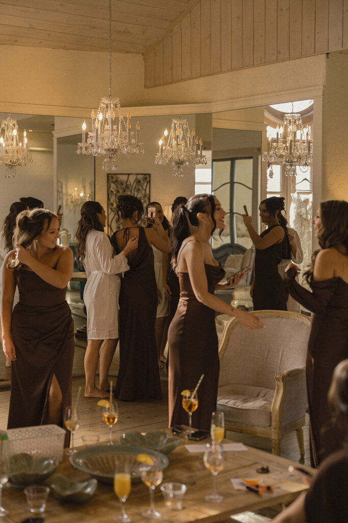 Bridesmaids in espresso brown dresses get ready for vintage wedding
