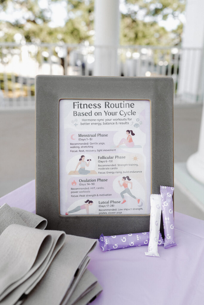 Fitness routine sign with Garnuu products and yoga mats, educational brand photoshoot idea.