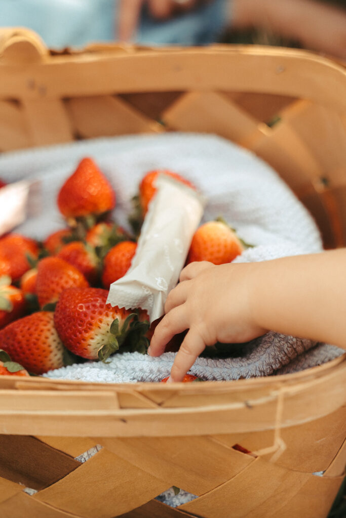 Child reaching into strawberry basket with Garnuu product visible inside, playful brand photoshoot detail.