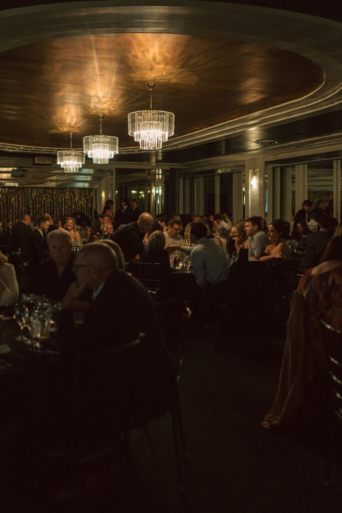 Low-lit, romantic wedding reception at historic wedding venue in Minnesota